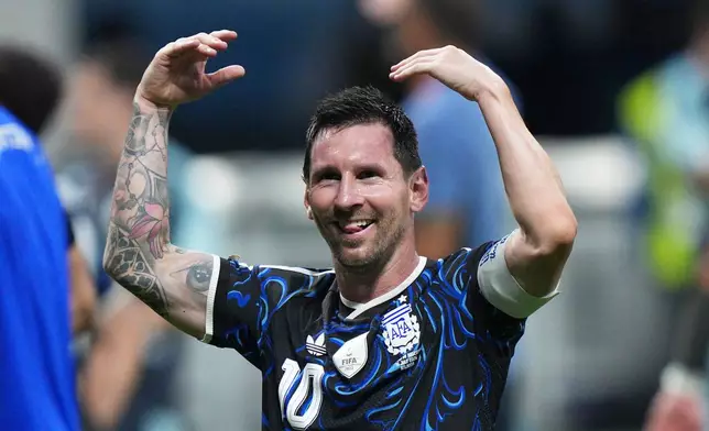Argentina's Lionel Messi (10) reacts after their win in the World Cup semifinal soccer match between England and Argentina in Atlanta, Wednesday, July 15, 2026. (AP Photo/Jacob Kupferman)
