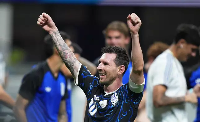 Argentina's Lionel Messi (10) reacts after their win in the World Cup semifinal soccer match between England and Argentina in Atlanta, Wednesday, July 15, 2026. (AP Photo/Jacob Kupferman)
