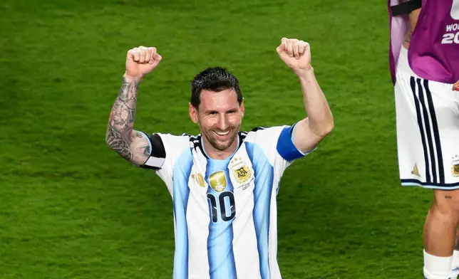 Argentina's Lionel Messi (10) celebrates after defeating Switzerland in the World Cup quarterfinal soccer match in Kansas City, Mo., Saturday, July 11, 2026. (AP Photo/Reed Hoffmann)