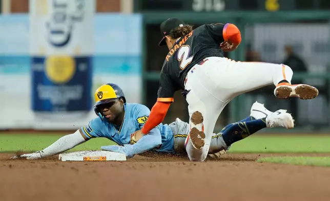 Milwaukee Brewers' Luis Lara (18) is caught stealing and tagged out by San Francisco Giants shortstop Willy Adames (2) in the fifth inning during baseball game in San Francisco, Tuesday, July 28, 2026. (Santiago Mejia/San Francisco Chronicle via AP)