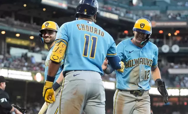 Milwaukee Brewers' Cooper Pratt, right, and Garrett Mitchell, left, are congratulated by Jackson Chourio (11) after both scored on a two-run single hit by Brice Turang during the fourth inning of a baseball game against the San Francisco Giants, Tuesday, July 28, 2026, in San Francisco. (AP Photo/Jeff Chiu)