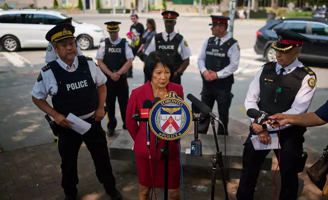 Toronto Mayor Olivia Chow speaks to media after a shot was fired at the U.S. Consulate in Toronto, on Monday, July 27, 2026. (Sammy Kogan/The Canadian Press via AP)