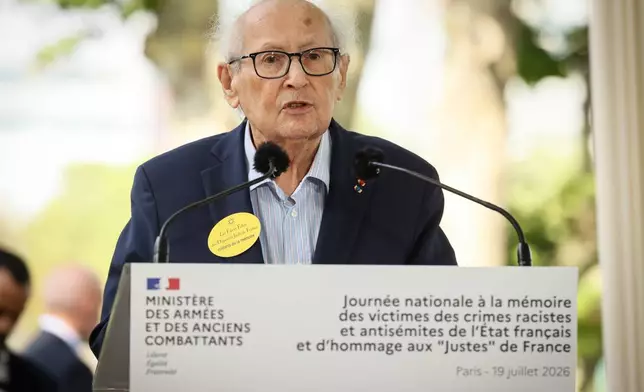 Serge Klarsfeld, President of the Association of Sons and Daughters of Jewish Deportees from France, delivers a speech during a ceremony marking the 84th anniversary of the 1942 Vel d'Hiv police roundup, the largest roundup of Jews in France during World War II, and paying tribute to the Righteous Among the Nations of France ,in Paris, Sunday, July 19, 2026. (AP Photo/Thomas Padilla)