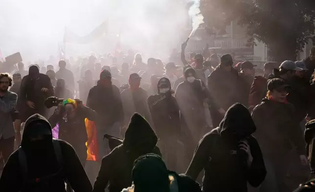 Protesters gather before a party convention of Alternative for Germany, or AfD in Erfurt, Germany, Saturday, July 4, 2026. (AP Photo/Ebrahim Noroozi)