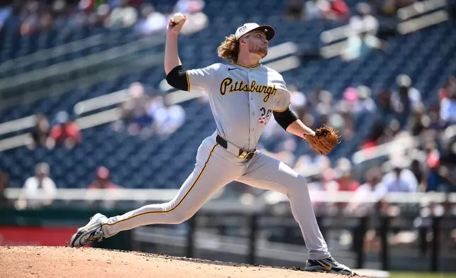 Pittsburgh Pirates pitcher Braxton Ashcraft throws during the third inning of a baseball game against the Washington Nationals, Saturday, July 4, 2026, in Washington. (AP Photo/Nick Wass)