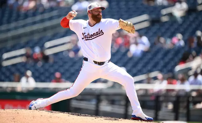 Washington Nationals pitcher Zack Littell throws during the third inning of a baseball game against the Pittsburgh Pirates, Saturday, July 4, 2026, in Washington. (AP Photo/Nick Wass)