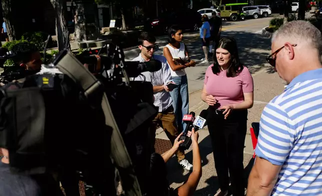 Rep. Haley Stevens, D-Mich., speaks with the press in South Haven, Mich., on Tuesday, July 7, 2026. (AP Photo/Kristen Norman)