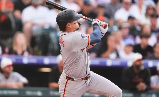 San Francisco Giants'Willy Adames follows the flight of his two-run double off Colorado Rockies starting pitcher Sean Sullivan in the first inning of a baseball game Saturday, July 4, 2026, in Denver. (AP Photo/David Zalubowski)