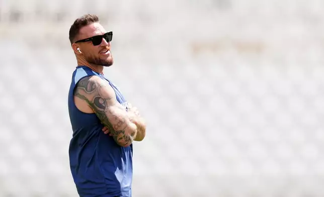 England head coach Brendon McCullum attends a nets session in Nottingham, England, Monday July 6, 2026. (David Davies/PA via AP)