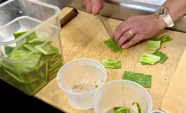 Nopales from the prickly pear cactus are prepared at Californios in San Francisco on Thursday, July 16, 2026. (AP Photo/Haven Daley)
