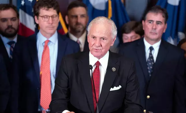 South Carolina Gov. Henry McMaster speaks to media to announce the appointment of Darline Graham Nordone to fill the vacancy created by the passing of her brother, U.S. Sen. Lindsey Graham, at the statehouse Monday, July 13, 2026, in Columbia, S.C. (AP Photo/Sean Rayford)