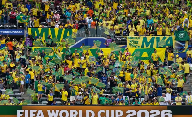 Brazil fans wait for the start of the World Cup round of 16 soccer match between Brazil and Norway in East Rutherford, N.J., near New York, Sunday, July 5, 2026. (AP Photo/Frank Franklin II)