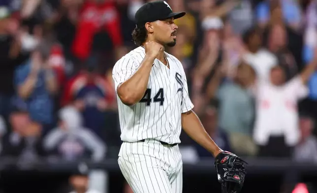 Chicago White Sox pitcher Jordan Hicks (44) reacts during the 12th inning of a baseball game against the New York Yankees in Chicago, Wednesday, July 29, 2026. (AP Photo/Jessie Alcheh)