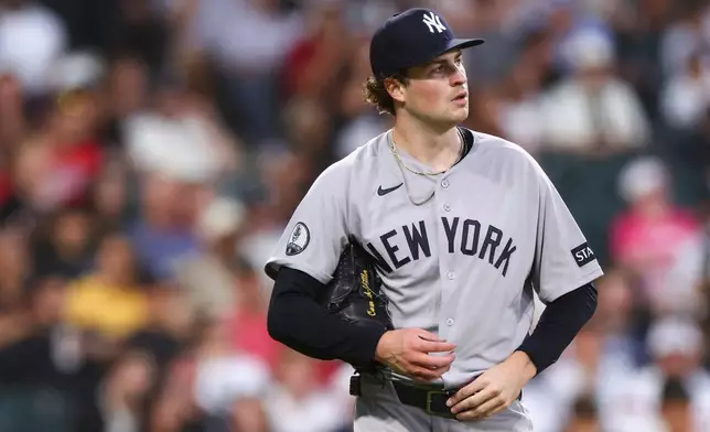New York Yankees pitcher Cam Schlittler looks on during the fifth inning of a baseball game against the Chicago White Sox in Chicago, Wednesday, July 29, 2026. (AP Photo/Jessie Alcheh)