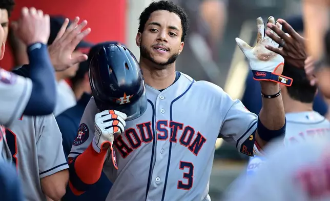 Houston Astros Jeremy Pena (3) celebrates after hitting solo home run against the Los Angeles Angels during the third inning of a baseball game Wednesday, July 29, 2026, in Anaheim, Calif. (AP Photo/Wally Skalij)