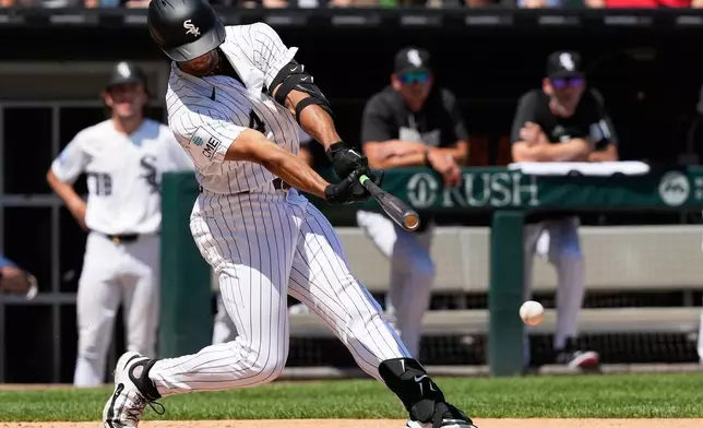 Chicago White Sox's Braden Montgomery hits a one-run single during the fifth inning of a baseball game against the Athletics in Chicago, Sunday, July 12, 2026. (AP Photo/Nam Y. Huh)
