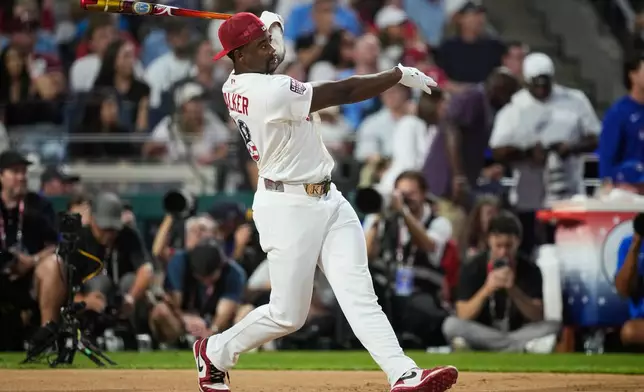 St. Louis Cardinals' Jordan Walker follows through on a swing as he competes during the MLB baseball All-Star Home Run Derby, Monday, July 13, 2026, in Philadelphia. (AP Photo/Matt Slocum)