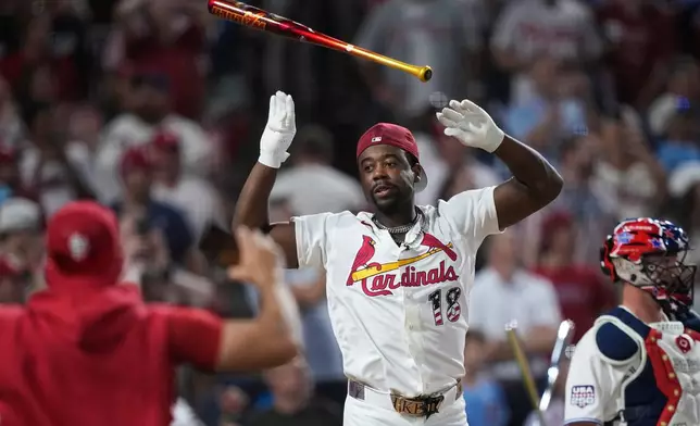 St. Louis Cardinals' Jordan Walker tosses his bat as he competes during the MLB baseball All-Star Home Run Derby, Monday, July 13, 2026, in Philadelphia. (AP Photo/Matt Slocum)