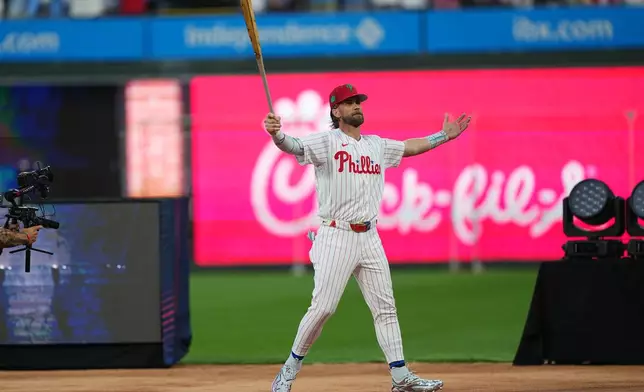 Philadelphia Phillies' Bryce Harper is introduced ahead of the MLB baseball All-Star Home Run Derby, Monday, July 13, 2026, in Philadelphia. (AP Photo/Matt Rourke)