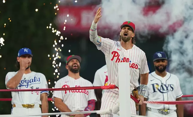 Philadelphia Phillies' Bryce Harper is introduced ahead of the MLB baseball All-Star Home Run Derby, Monday, July 13, 2026, in Philadelphia. (AP Photo/Matt Rourke)