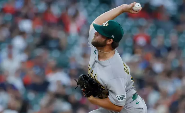 Athletics' Mason Barnett (63) pitching against the Detroit Tigers during the sixth inning of a baseball game Wednesday, July 8, 2026, in Detroit. (AP Photo/Duane Burleson)