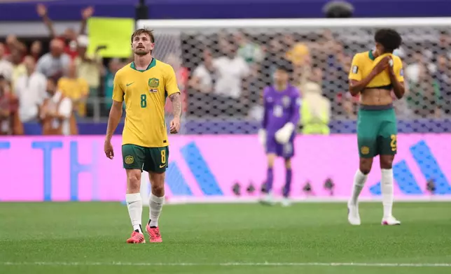 Australia's Jordan Bos (5) reacts after Egypt score the opening goal during the World Cup round of 32 soccer match between Australia and Egypt in Arlington, Texas, near Dallas, Friday, July 3, 2026. (AP Photo/Sam Hodde)