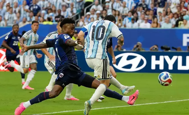 Argentina's Lionel Messi scores the opening goal against Cape Verde during the World Cup round of 32 soccer match in Miami Gardens, Fla., Friday, July 3, 2026. (AP Photo/Lynne Sladky)