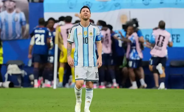 Argentina's Lionel Messi (10) reacts after a goal scored by Cape Verde's Deroy Duarte (14) during the World Cup round of 32 soccer match between Argentina and Cape Verde in Miami Gardens, Fla., Friday, July 3, 2026. (AP Photo/Chris Carlson)