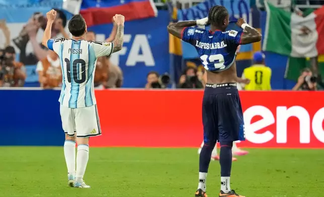 Cape Verde's Sidny Lopes Cabral (13) and Argentina's Lionel Messi (10) react after the World Cup round of 32 soccer match between Argentina and Cape Verde in Miami Gardens, Fla., Friday, July 3, 2026. (AP Photo/Chris Carlson)