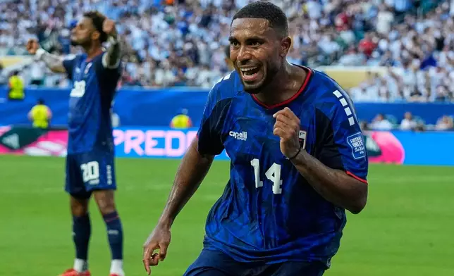 Cape Verde's Deroy Duarte celebrates after scoring his side's opening goal against Argentina during the World Cup round of 32 soccer match in Miami Gardens, Fla., Friday, July 3, 2026. (AP Photo/Lynne Sladky)