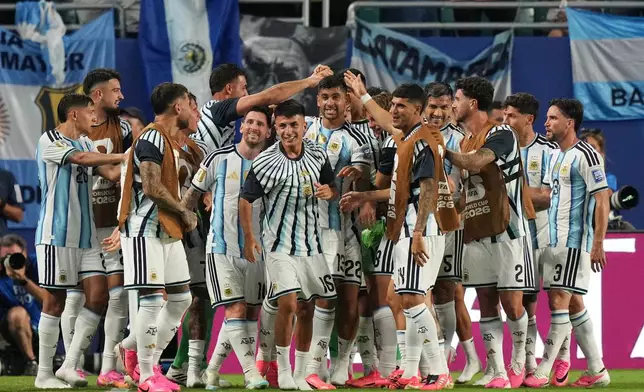 Argentina celebrates after Cape Verde's Diney Borges (3) scored an own goal during the World Cup round of 32 soccer match in Miami Gardens, Fla., Friday, July 3, 2026. (AP Photo/Lynne Sladky)