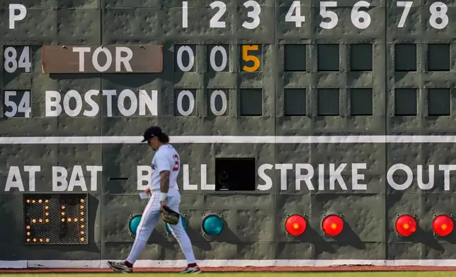Boston Red Sox's Jarren Duran walks past the scoreboard during a rough top of the fifth inning against the Toronto Blue Jays during a baseball game, Saturday, July 25, 2026, in Boston. (AP Photo/Charles Krupa)