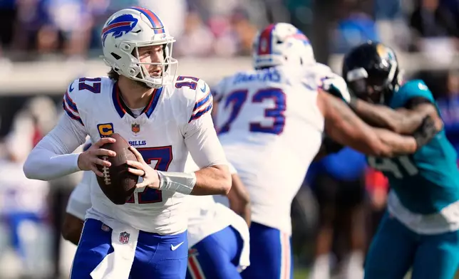 FILE - Buffalo Bills quarterback Josh Allen (17) looks for a receiver during the second half of an NFL wild card playoff football game against the Jacksonville Jaguars, Jan. 11, 2026, in Jacksonville, Fla. (AP Photo/John Raoux, File)