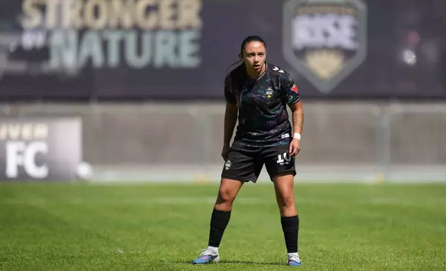 Vancouver Rise FC's Camila Reyes (10) stands on the field during a NSL match against Toronto AFC in Burnaby, British Columbia, Sunday, June 28, 2026. (AP Photo/Abbie Parr)