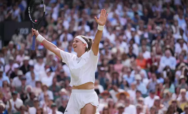 Karolina Muchova of the Czech Republic celebrates her victory against Coco Gauff of the United States in their semifinal women's singles match at the Wimbledon Tennis Championships in London, Thursday, July 9, 2026. (AP Photo/Kin Cheung)