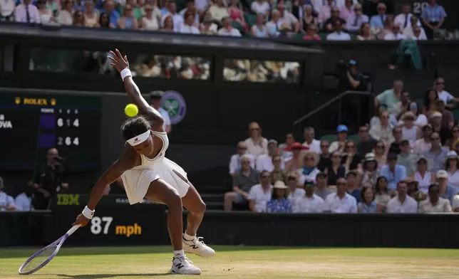Coco Gauff of the United States loses her balance during a point against Karolina Muchova of the Czech Republic in their semifinal women's singles match at the Wimbledon Tennis Championships in London, Thursday, July 9, 2026. (AP Photo/Kin Cheung)