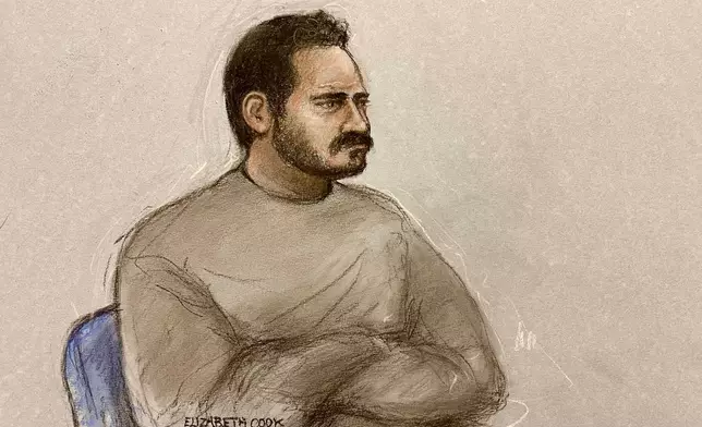 This court artist sketch by Elizabeth Cook shows Joshua Kerry, 28, appearing at Westminster Magistrates' Court in London on Tuesday, July 21, 2026 charged with the murder of MP Ann Widdecombe. (Elizabeth Cook/PA via AP)