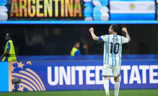 Argentina's Lionel Messi (10) celebrates his side's second goal during the World Cup round of 16 soccer match between Argentina and Egypt in Atlanta, Tuesday, July 7, 2026. (AP Photo/Jacob Kupferman)