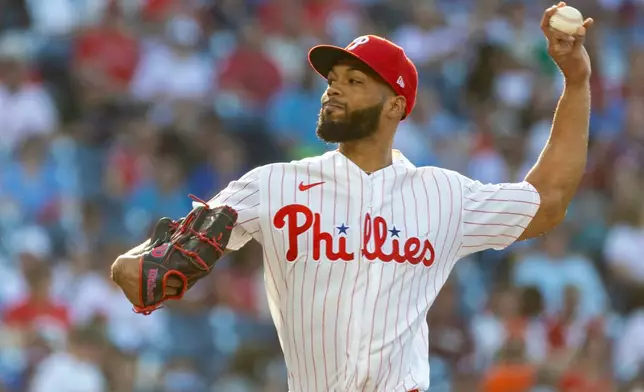 Philadelphia Phillies pitcher Cristopher Sánchez throws in the first inning of a baseball game against the Pittsburgh Pirates, Tuesday, June 30, 2026, in Philadelphia. (AP Photo/Laurence Kesterson)