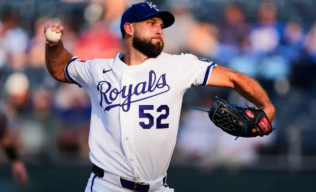 Kansas City Royals starting pitcher Michael Wacha throws during the first inning of a baseball game against the San Francisco Giants, Monday, July 20, 2026, in Kansas City, Mo. (AP Photo/Charlie Riedel)