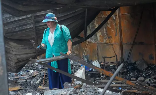 An owner looks at the ruins of city market place following Russian missile attack in Kyiv, Ukraine, Thursday, July 30, 2026. (AP Photo/Efrem Lukatsky)