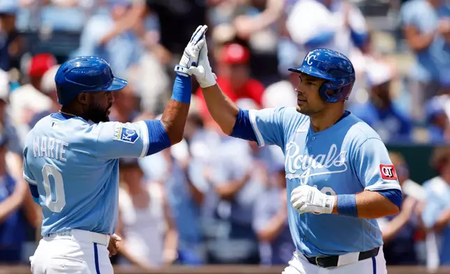 Kansas City Royals' Luke Maile, right, celebrates his three-run home run with Starling Marte (0) during the first inning of a baseball game against the Philadelphia Phillies in Kansas City, Mo., Monday, July 6, 2026. (AP Photo/Colin E. Braley)