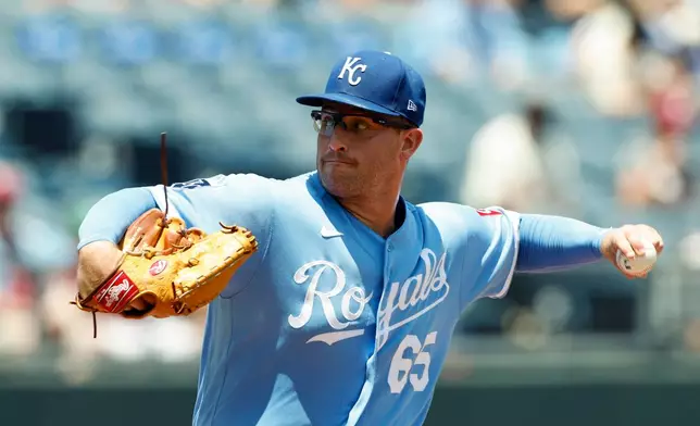 Kansas City Royals pitcher Noah Cameron throws from the mound during the first inning of a baseball game against the Philadelphia Phillies in Kansas City, Mo., Monday, July 6, 2026. (AP Photo/Colin E. Braley)
