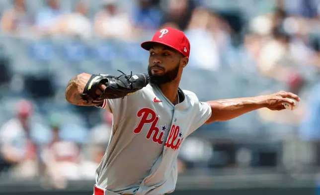 Philadelphia Phillies pitcher Cristopher Sánchez delivers to a Kansas City Royals batter during the first inning of a baseball game in Kansas City, Mo., Monday, July 6, 2026. (AP Photo/Colin E. Braley)