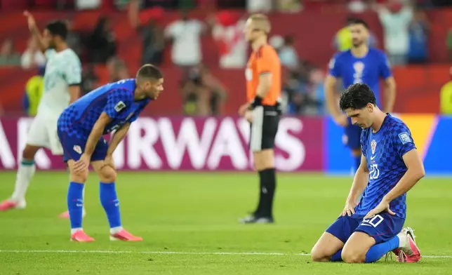 Croatia's Igor Matanovic (20) reacts after the World Cup round of 32 soccer match between Portugal and Croatia in Toronto, Thursday, July 2, 2026. (Nathan Denette/The Canadian Press via AP)