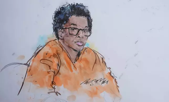 In this courtroom sketch, David Anthony Burke, who is known as D4vd, is seen in court Tuesday, July 21, 2026, in Los Angeles. (Bill Robles via AP)