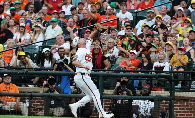 Baltimore Orioles first baseman Pete Alonso catches a popup off the bat of Kansas City Royals' Bobby Witt Jr. during the third inning of a baseball game, Saturday, July 11, 2026, in Baltimore. (AP Photo/Terrance Williams)