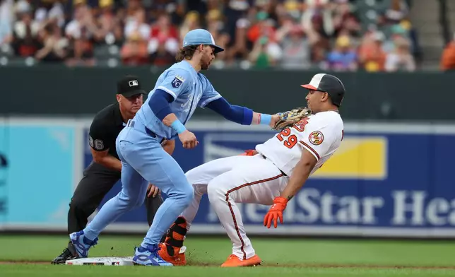 Baltimore Orioles designated hitter Samuel Basallo is tagged by Kansas City Royals shortstop Bobby Witt Jr. while attempting to advance to second base after hitting a single which drove in Pete Alonso hit off of pitcher Noah Cameron during the second inning of a baseball game, Saturday, July 11, 2026, in Baltimore. (AP Photo/Terrance Williams)
