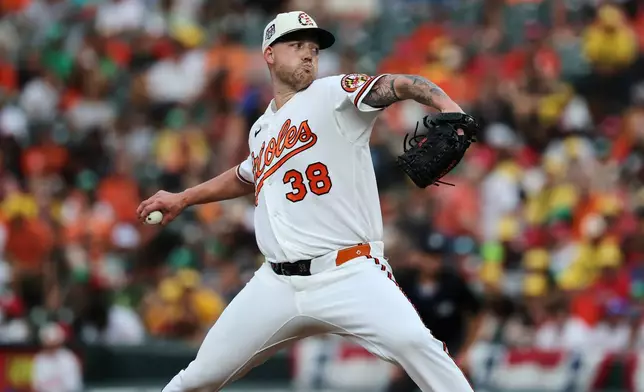 Baltimore Orioles pitcher Kyle Bradish throws during the third inning of a baseball game against the Kansas City Royals, Saturday, July 11, 2026, in Baltimore. (AP Photo/Terrance Williams)