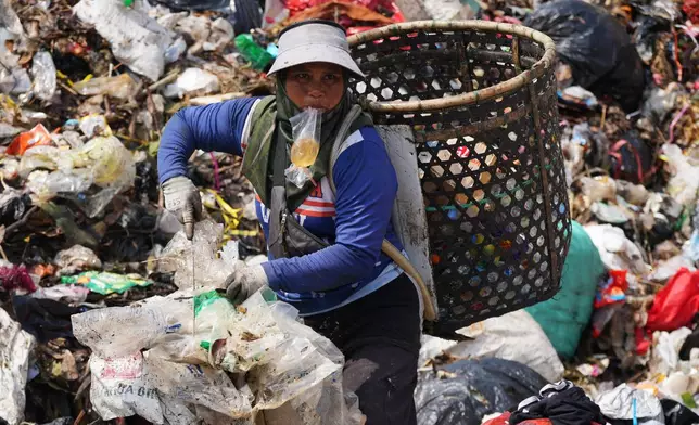 A waste picker drinks water from a plastic bag as she looks for recyclable items in a pile of garbage at the Bantargebang landfill on the outskirts of Jakarta, Indonesia, Monday, July 6, 2026. (AP Photo/Tatan Syuflana)